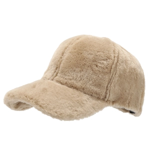 Plush khaki baseball cap for winter with thick faux fur texture and curved brim