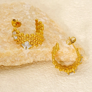 Vintage U-Shaped Hoop Earrings For Women 18K Gold Plated Stainless Steel With Square Zircon Inlay Fashion Jewelry