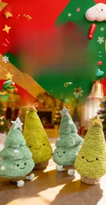 Detail showing plush Christmas tree dolls with stars and cute embroidered faces