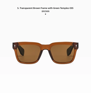 Detail view of transparent brown sunglasses frame with silver diamond metal rivets
