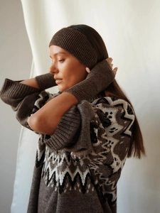 Detail of Fair Isle knit sweater set with matching headband and fingerless gloves