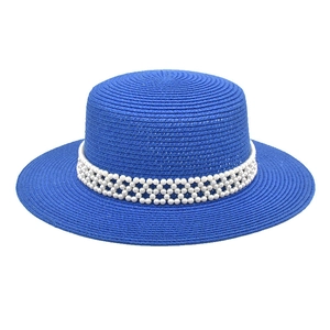 Royal blue boater straw hat for women with triple-row white pearl decorative band