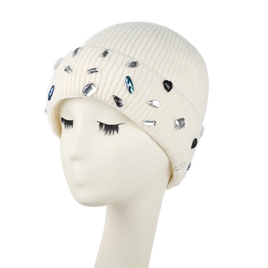 Women's cream white ribbed knit beanie hat with sparkling multi-shaped rhinestones