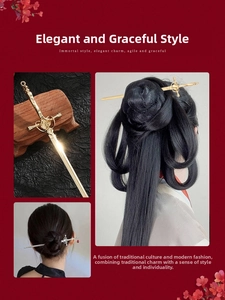 Macro detail of ancient sword hairpins in gold and silver for Hanfu hair styling