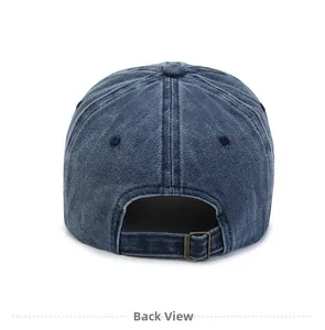 Detail view of denim baseball cap back with adjustable metal buckle and stitching