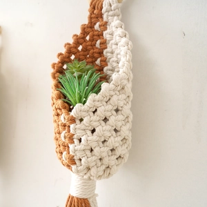Detail of handmade woven plant hanger in brown and cream cotton rope for air plants