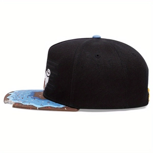 Black snapback hat with doughnut print brim and unique bite mark cutout design