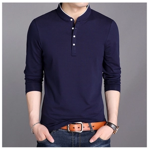 Men's navy blue slim fit long sleeve shirt with a standing collar and button placket