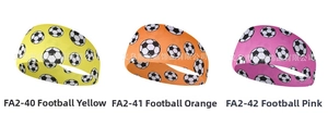 Three elastic soccer pattern sports headbands in yellow, orange and rose pink colors