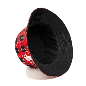 Christmas bucket hat with Santa Claus and snowflake prints on red black plaid fabric