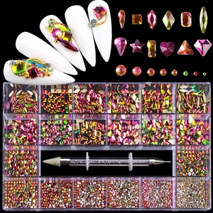 21 compartments nail art rhinestone kit featuring iridescent shapes and wax pen