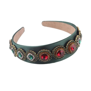 Vintage Baroque wide headband in green satin with red and green crystal rhinestones