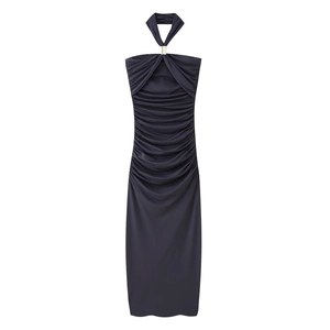 Robe Maxi Dos Nu Froncée Coupe Ajustée Sans Manches Polyester Soirée Bodycon Avec Anneau Métallique Style Élégant Femme