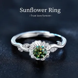 925 Sterling Silver Sunflower Open Ring For Women Vintage Green Emerald White Champagne Moissanite Rhinestone Adjustable Finger Jewelry
