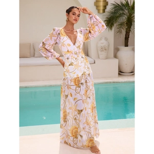 Women One-Piece Swimsuit Long Sleeve V-Neck Starfish Shell Print Maritime Beach Vacation Swimwear Elegant Nylon Polyester