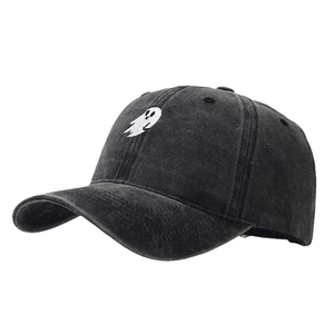 Classic washed black baseball cap featuring ghost embroidery in street style