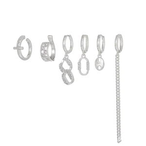Silver earring set featuring chain designs, zircon inlays, and elegant long tassels
