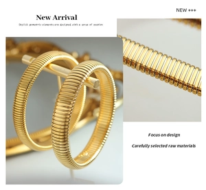 Detail view of gold ribbed hoop earrings with architectural design and polished texture