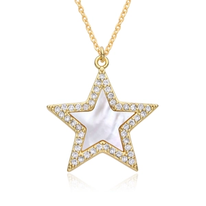 Macro view of gold five-point star pendant with micro-paved crystals and mother of pearl