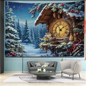Extra wide Christmas tapestry 300x180cm showing snowy woods cabin and cat over sofa
