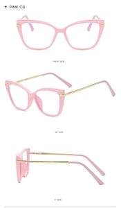 Three-view display of pink cat-eye glasses frames with golden metal temples, C6 model