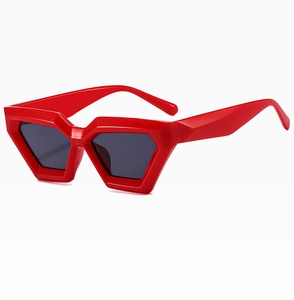 Detail of red geometric cat-eye sunglasses with thick frames and dark grey lenses