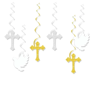 Religious party hanging decorations with gold and silver glitter crosses and doves