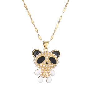 Golden panda pendant necklace with white pearl inlays and black enamel detailing