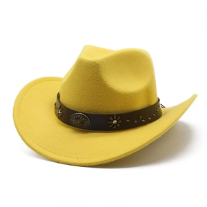 Classic bright yellow wool felt cowboy hat with bohemian style studded leather band