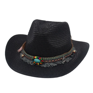Black straw cowboy hat with bohemian turquoise beads, colorful tassels and ethnic pendants