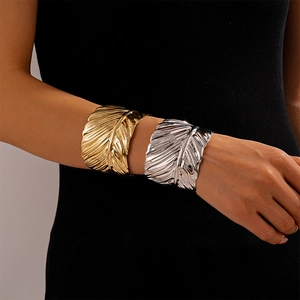 Metallic feather open cuff bracelet set in gold and silver finish for women