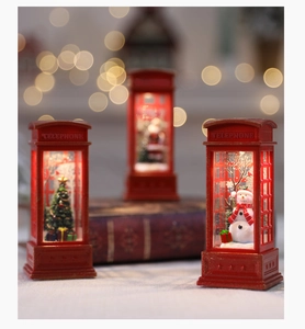 Detailed Christmas red telephone booth lantern with snowman and LED festive lights