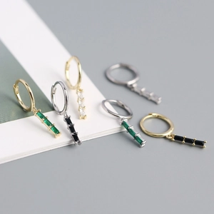 S925 silver geometric drop earrings with emerald and black rectangular zircon stones