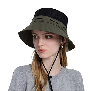 Olive green outdoor sun bucket hat with breathable black mesh and adjustable chin strap