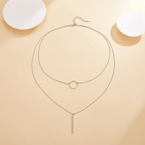 Detail view of S925 sterling silver double layer necklace with circle and bar pendants