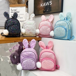 Kids Backpack Sequin Rabbit Ears Pom Pom Pendant Mini Cute PU Leather School Bookbag Small Daypack For Girls Travel