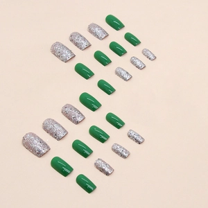 Faux ongles carrés vert émeraude et paillettes argentées, ensemble de 24 pièces