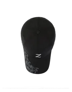 Top view of black baseball cap with embroidered letter Z and palm tree print on the brim
