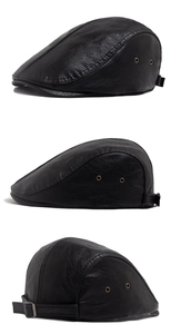 Detailed views of a black PU leather beret with metal air vents and adjustable back strap