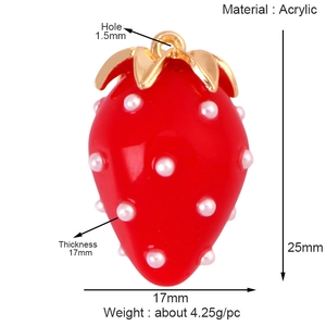Detail view of strawberry pendant with size dimensions and weight in acrylic material
