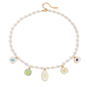 Elegant 18K gold stainless steel pearl necklace with enamel galaxy universe pendants