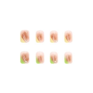 Short square gradient press-on nails with pearl accents and dual-color拼接 design