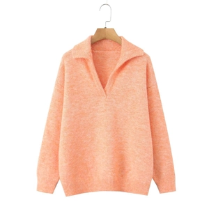 Pull en maille orange à col polo en V avec coupe décontractée et manches longues