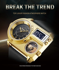 Detail of Oulm gold quartz watch showing multi-time zone dials and digital LCD display