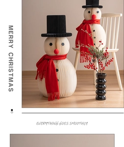 Detail of honeycomb paper snowman ornaments with mini top hats and red scarves
