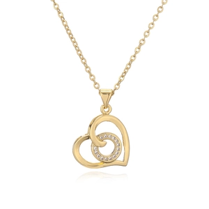 Elegant gold double heart necklace with micro-paved cubic zirconia butterfly link chain
