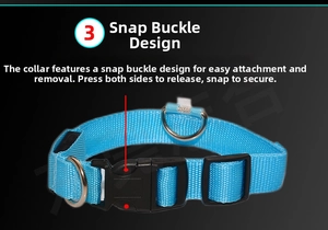 Détail du collier LED bleu pour chien en nylon avec boucle en plastique noir robuste