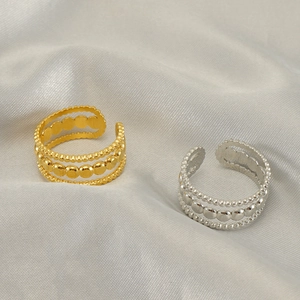 Stainless Steel Multi Layer Open Ring Hollow Geometric Milgrain Bead Adjustable Fashion Jewelry For Women