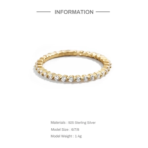 Detail showing S925 sterling silver gold plated eternity band with size 6/7/8 specifications