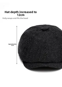 Detail view of newsboy cap showing 12cm depth and dark grey herringbone tweed texture